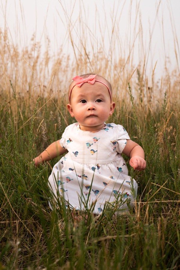 A baby in a headband sitting up in tall golden grass